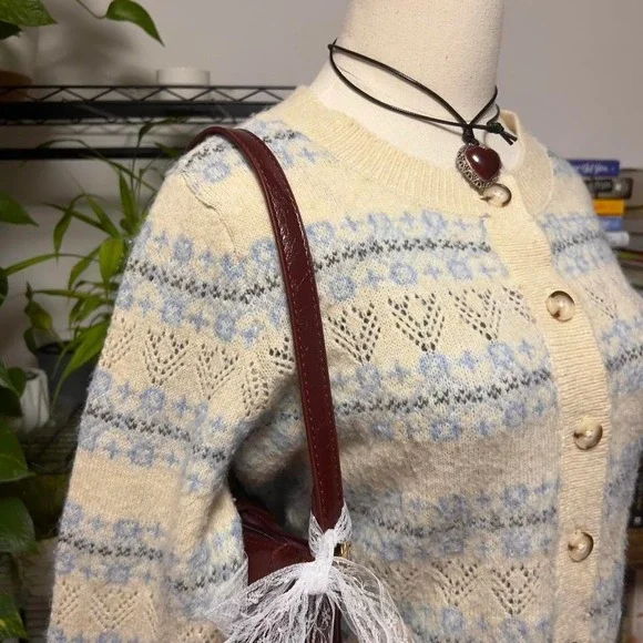 Cream‎ & Blue Cardigan Sweater Womens Small Button Up Patterned Cottage - Picture 5 of 7